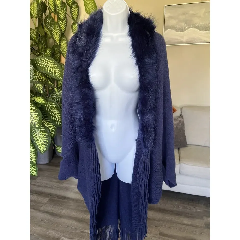 Tamsy Boutique Navy Blue Faux Fur Poncho Old Money Cape Wrap OS #1017